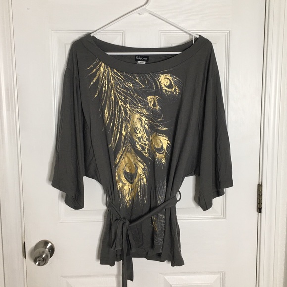 Spring Street Tops - Spring Street Gray Peacock Print Blouse